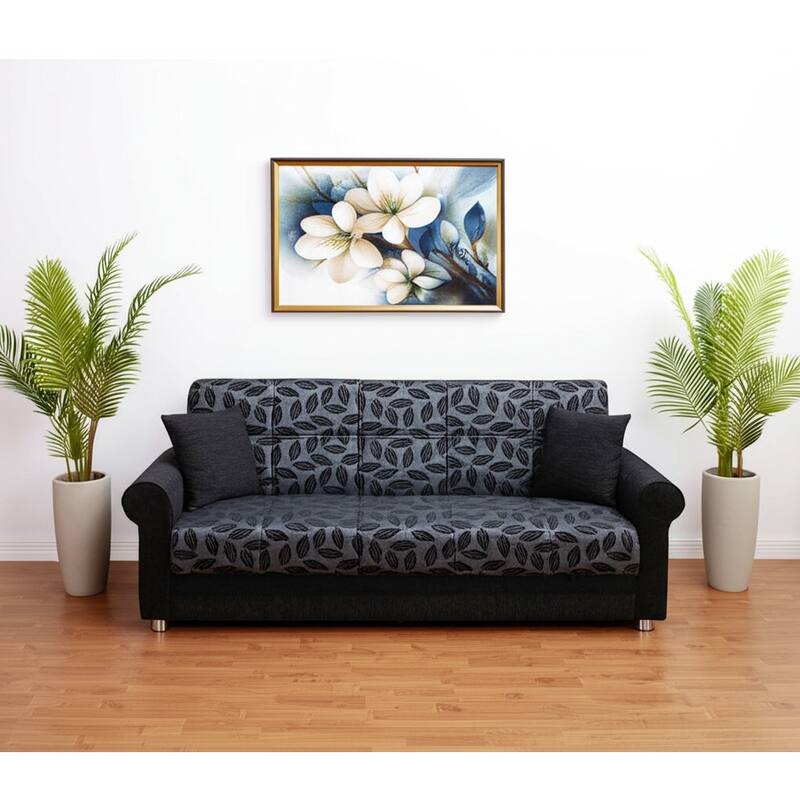 HomeRoots 89" Black Chenille Convertible Futon Sleeper Sofa And Toss Pillows With Storage - Black