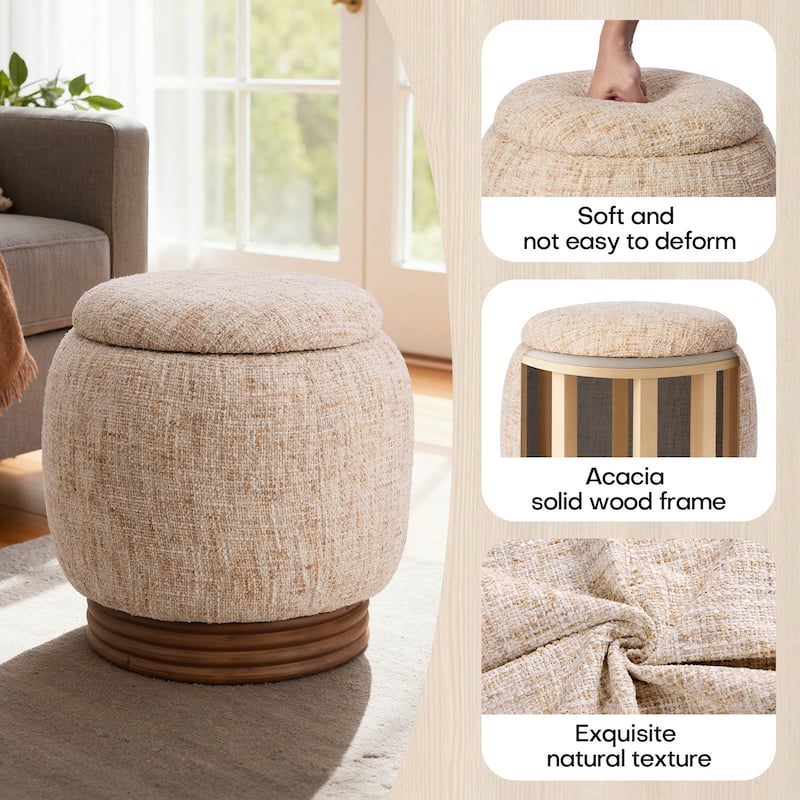 Round Storage Pouf Ottoman Footstool with Flip-top and Acacia Frame