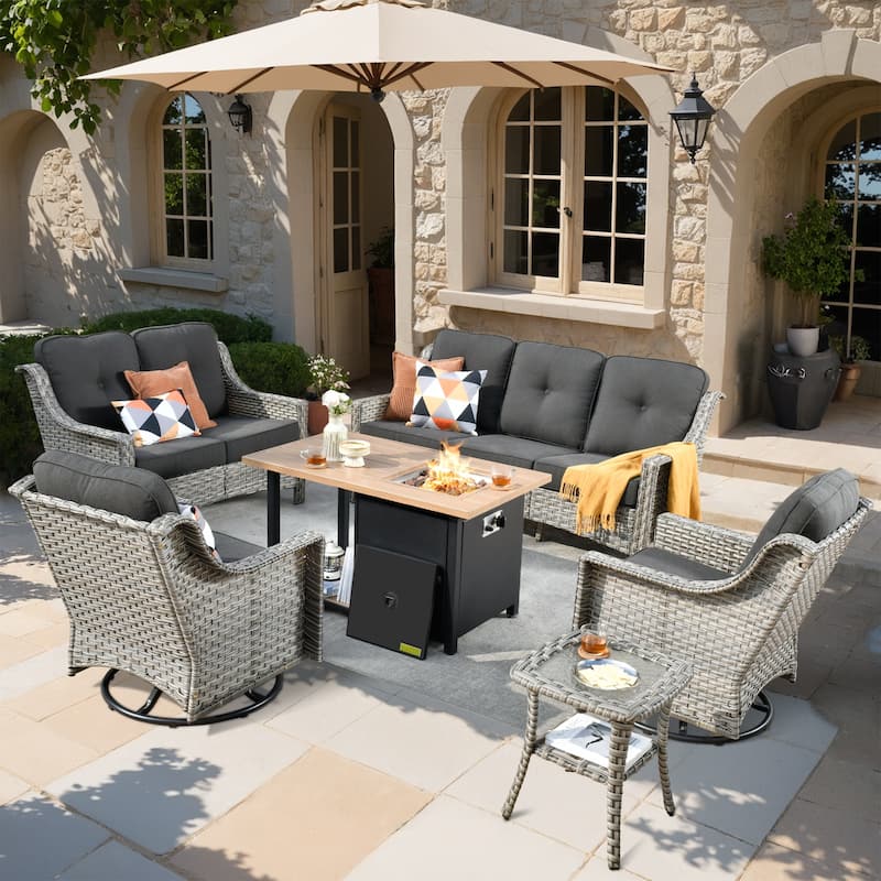 XIZZI 6-piece Outdoor High-back Furniture Swivel Chair Set with Fire Pit - Black