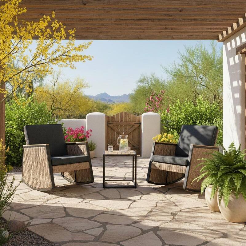Madrid 3-Piece Outdoor Wicker Acacia Wood Rocking Chair Bistro Set - Brown