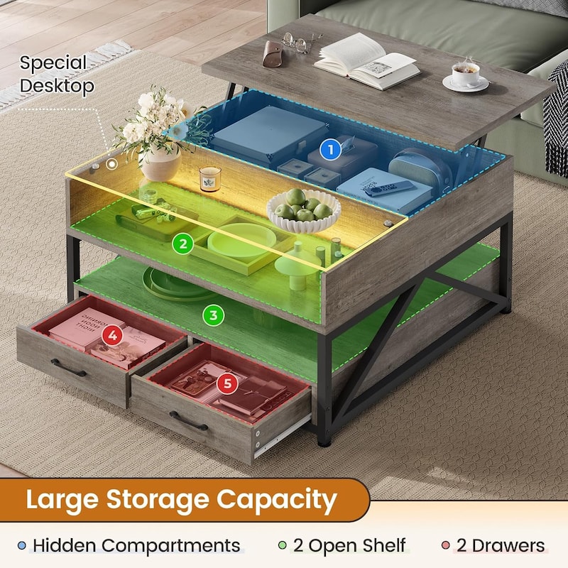 Coffee Table Lift Top 2 Drawers Hidden Compartment for Living Room