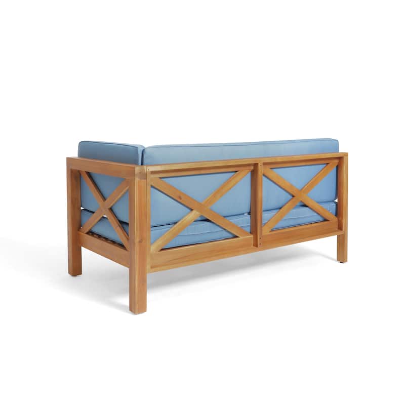 Roomfitters X-Back Corner Bench with Coffee Table, Outdoor Wooden Patio Sofa with Cushions for Garden or Porch