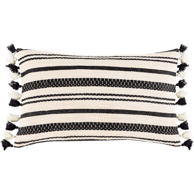 Joni Striped Tassel Lumbar Throw Pillow - Black/Beige - 12"x20" & Down Insert