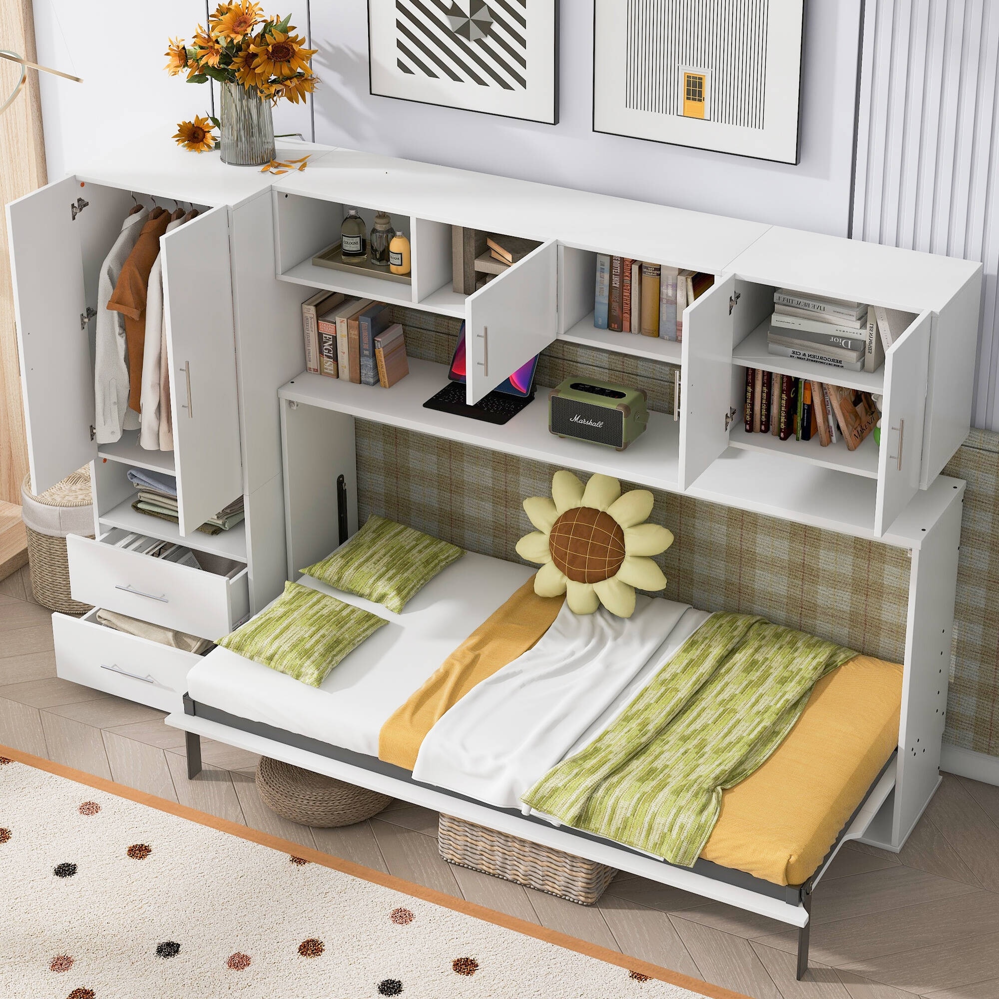 Twin Size Murphy Bed with Open Shelves and Storage Drawers,Built-in Wardrobe and Table, White