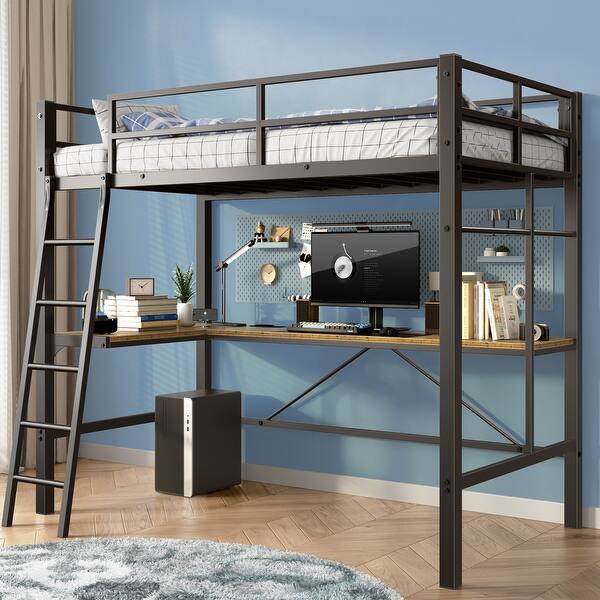 slide 2 of 7, Twin Metal Loft Bed with L-Shaped Desk, Charging Station Loft Bed Frame Twin Size, Safety Guard & Ladder, Black Black