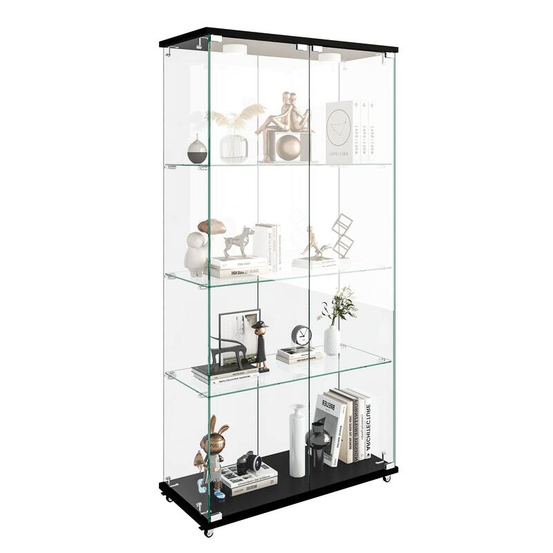 Modern Glass Display Cabinet with LED lights, Quick-assembly Antique Cabinet, Tempered Glass Bookshelf