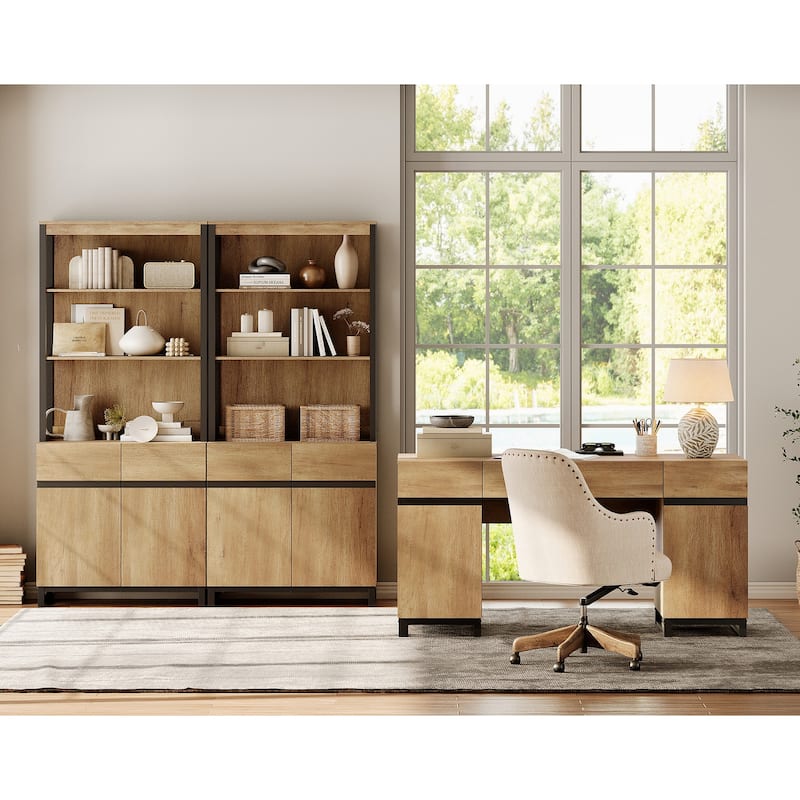 WAMPAT 59" Modern Executive Desk with Charging Station & Storage Cabinet + 72" Tall Bookcases.