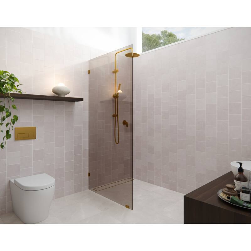 Ursa 30 in. x 78 in. Fully Frameless Glass Shower Panel - Single Fixed Panel with Bronze Tint - Satin Brass