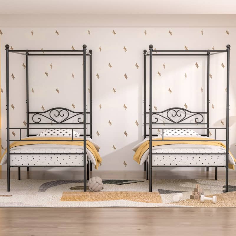 VECELO Twin Bed Set of 2 Canopy Bed Frame with Headboard and Footboard, Metal Four Posters Design - Black