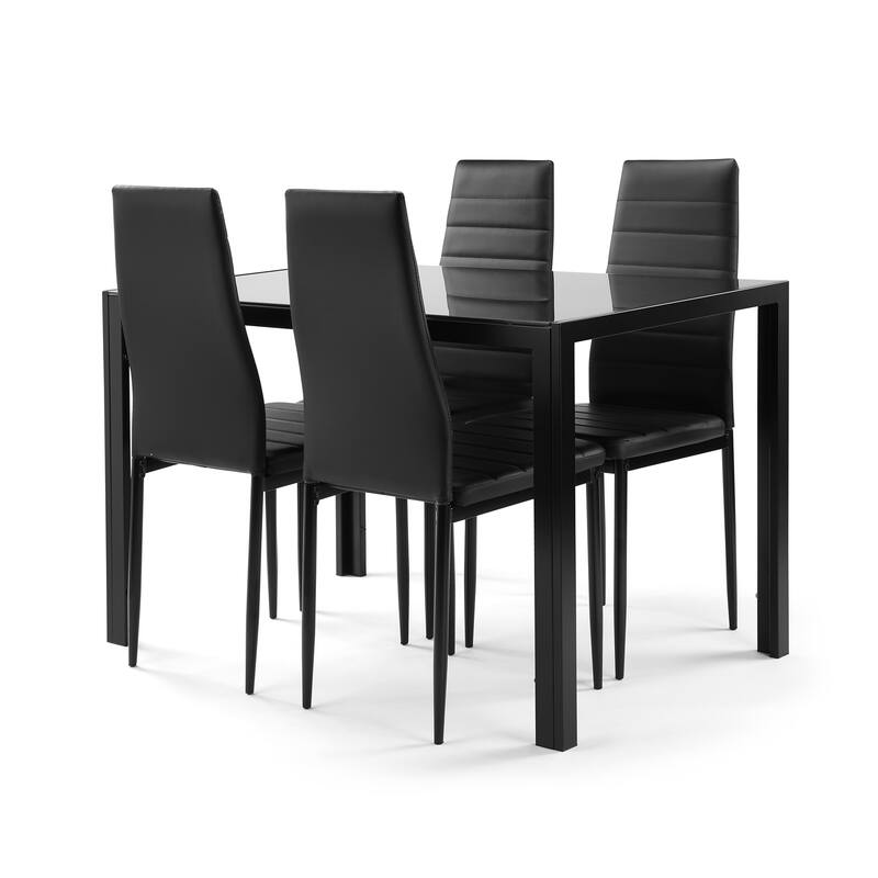 5 Pieces Dining Table Set for 4,Kitchen Room Tempered Glass Dining Table ,4 Faux Leather Chairs ,Black