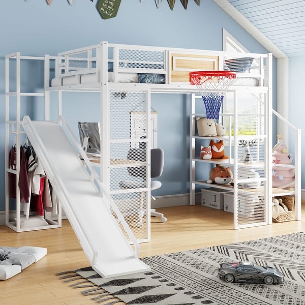 slide 2 of 24, Full Size Metal Loft Bed with Basketball Hoop, Slide & Workstation (350lb Capacity) White