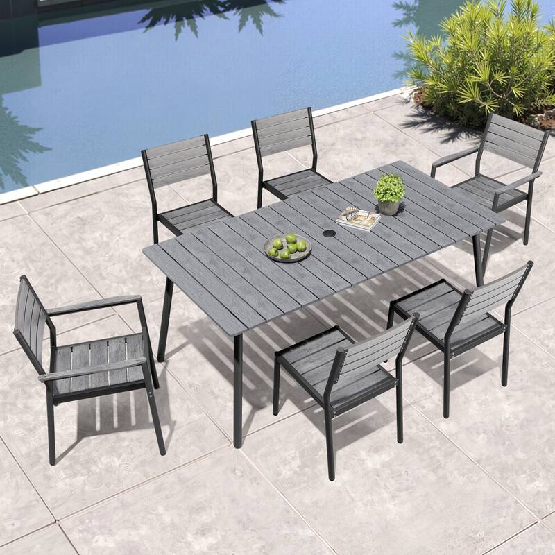 Outdoor Patio Dining Set 7/9 Piece Furniture Set Aluminum Dining Table with Umbrella and Stackable Chairs