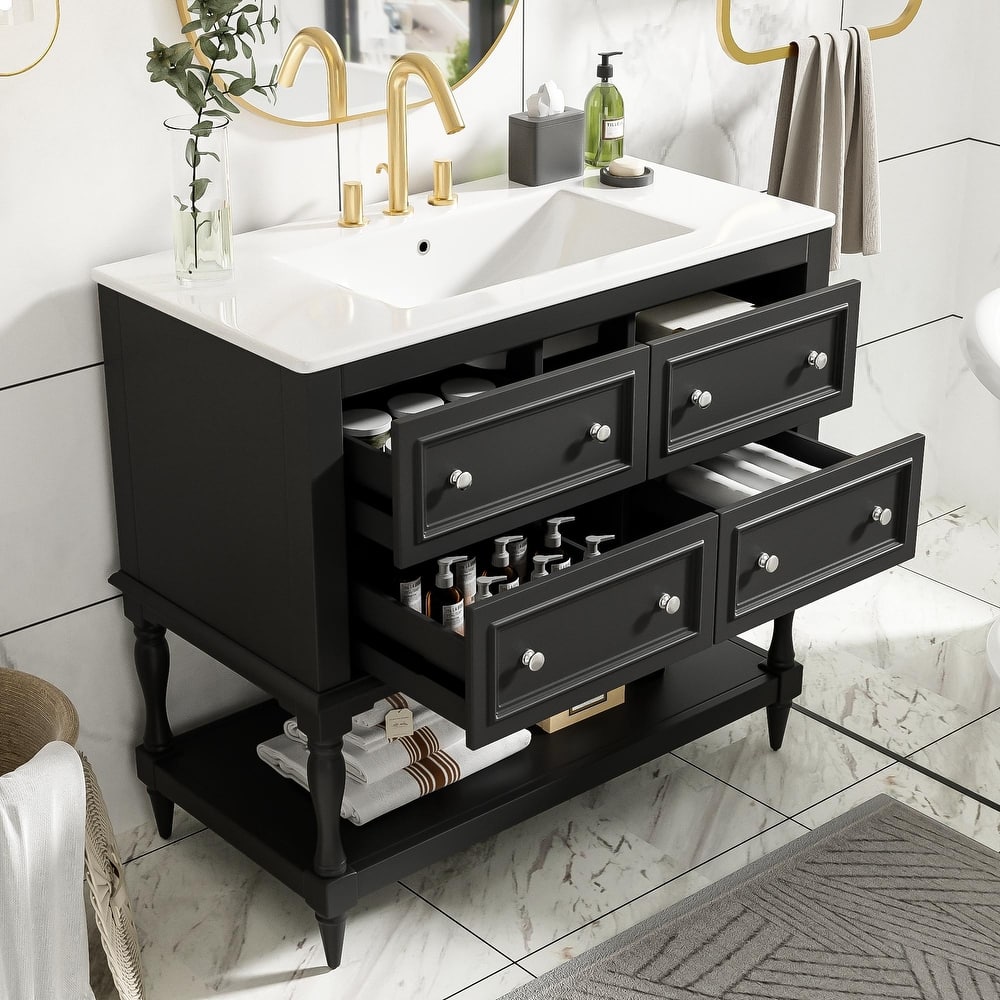 Bathroom Vanity with Ceramic Sink, Solid Wood Vanity Set with 4 Drawers, Bathroom Storage Cabinet with Open Shelf
