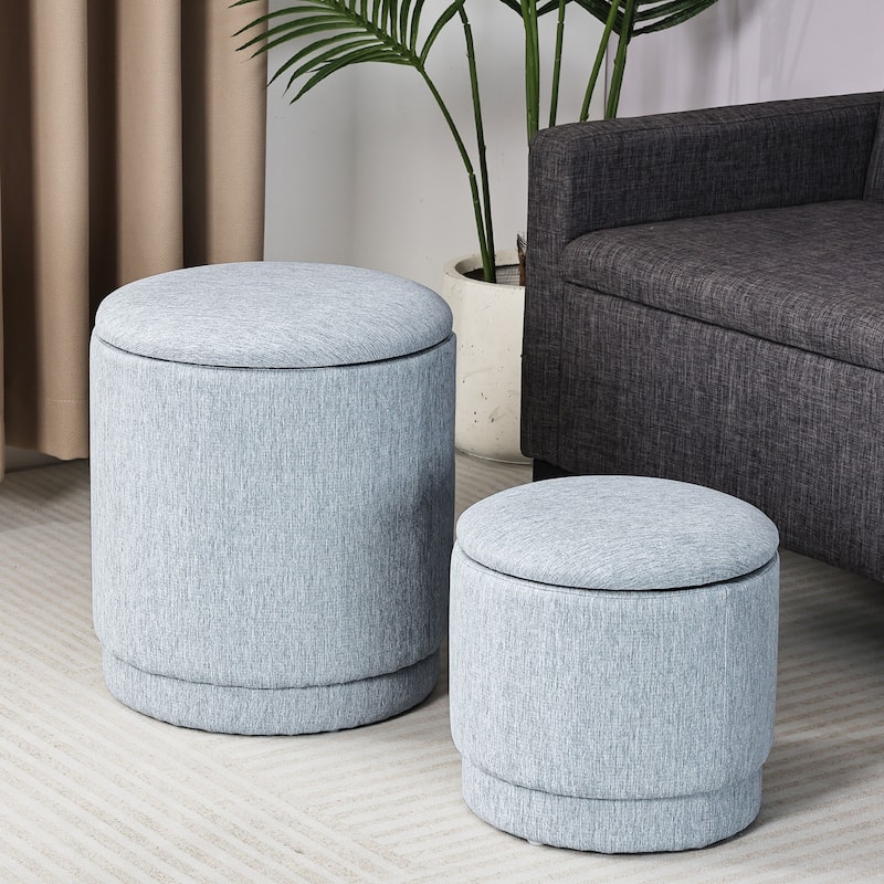Adeco 2-Piece Round Fabric Storage Ottoman Set with Removable Lids