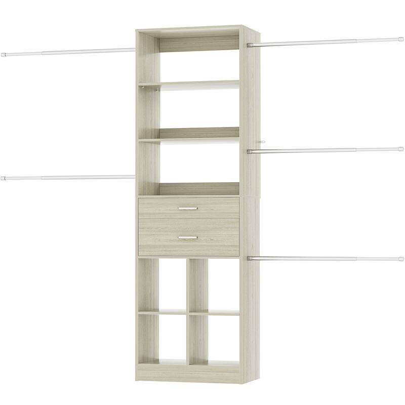 66''-100'' Walk-in Closet Organizer with 5 Hanging Rods and 2 Wooden Drawers，4-8FT Sturdy Closet System with Storage Shelves