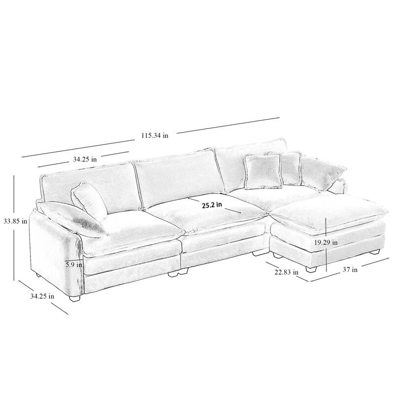 Green 4-piece Corduroy Upholstered L-Shaped Modular Sectional Sofa with Removable Ottoman, 5 Pillows, and Free Combination