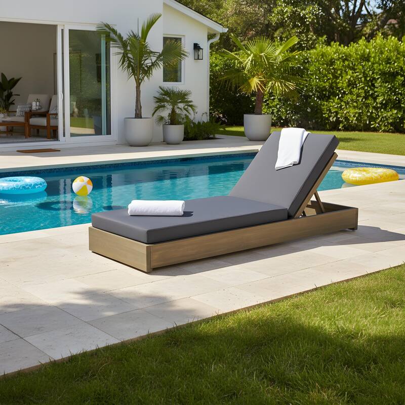 Ian Outdoor Acacia Wood Chaise Lounge with Cushion by Christopher Knight Home - Grey+Dark Grey