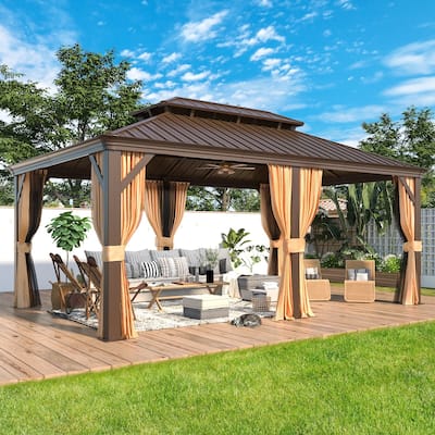 PRO Steel Hardtop Gazebo, Patio Aluminum Frame, Waterproof & Windproof Patio Gazebo with Curtains & Netting