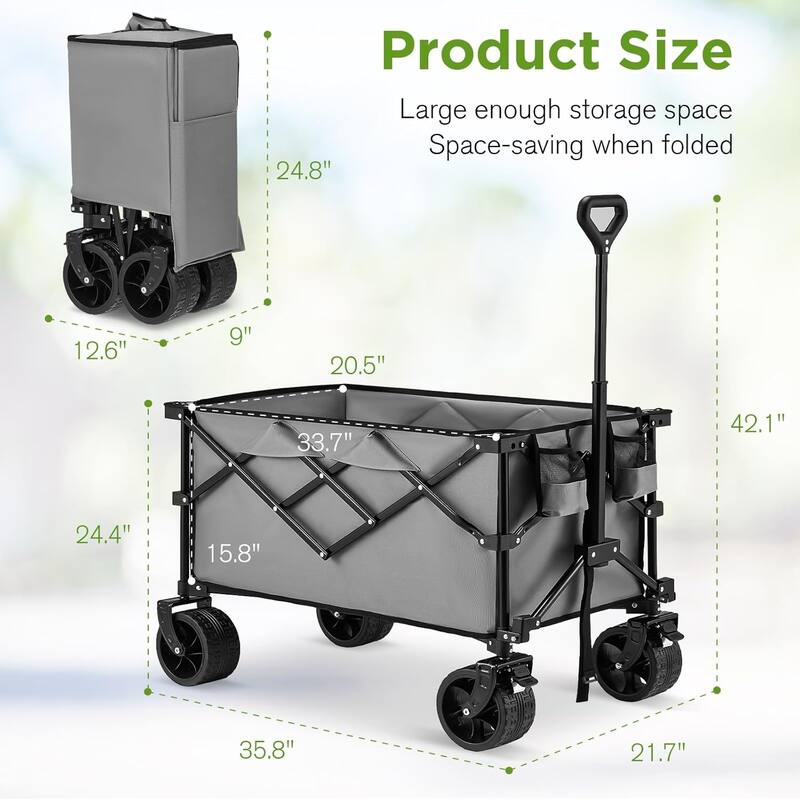 EROMMY Heavy Duty Folding Wagon Cart - All Terrain Collapsible Utility Wagon with Big Wheels, Brakes & Cup Holders for Camping