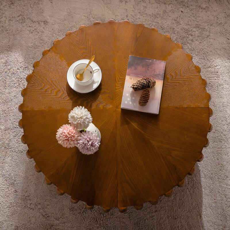 Roomfitters Modern Drum Fluted Round Coffee Table, Mid Century Center Table with Sturdy Pedestal for Living Room, Natural Wood