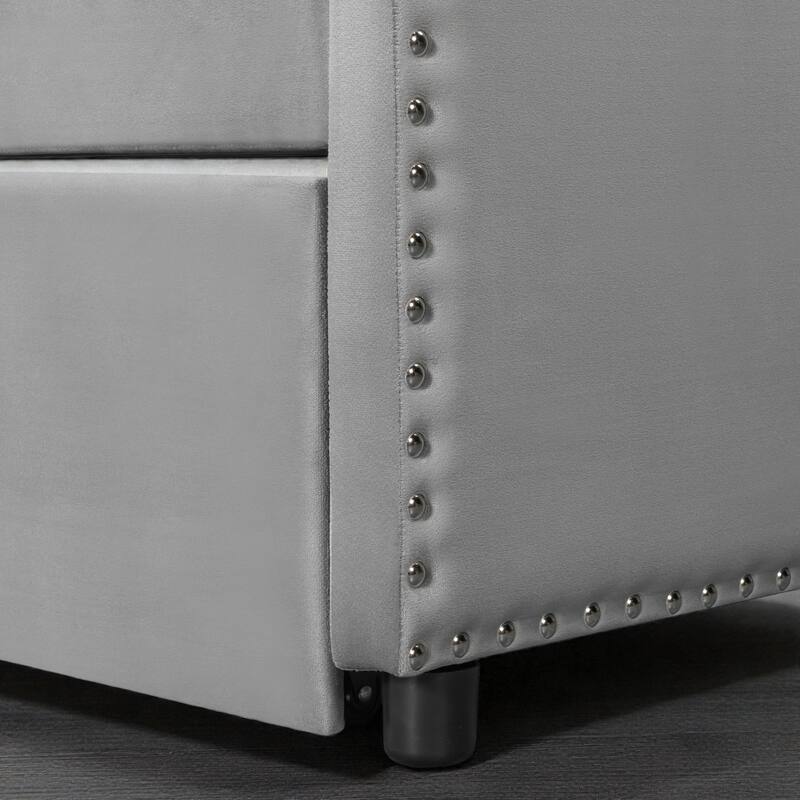 Twin Size Velvet Upholstered Daybed with Pop Up Trundle, 2-in-1 Sofa Bed for Guest Room or Kids Room