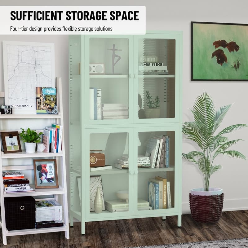 Storage Cabinet with 4 Glass Doors, Modern Sideboard Cabinet with Adjustable Shelves & Steel Feet, Accent Cabinet for Kitchen