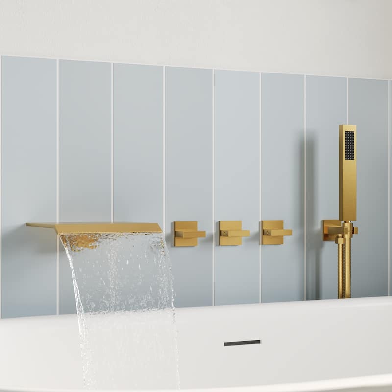 GRANDJOY Wall Mounted 3-Handle Tub Shower Faucet with Handheld Shower and Waterfall Tub Spout - Brushed Gold