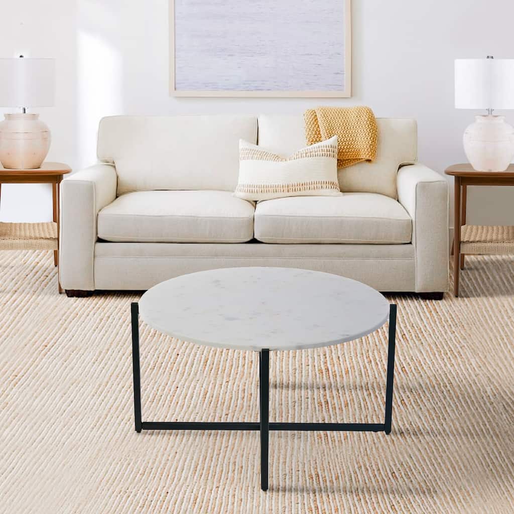 Ivy 30 Inch Marble Top Round Coffee Table with Metal Frame, White and Black