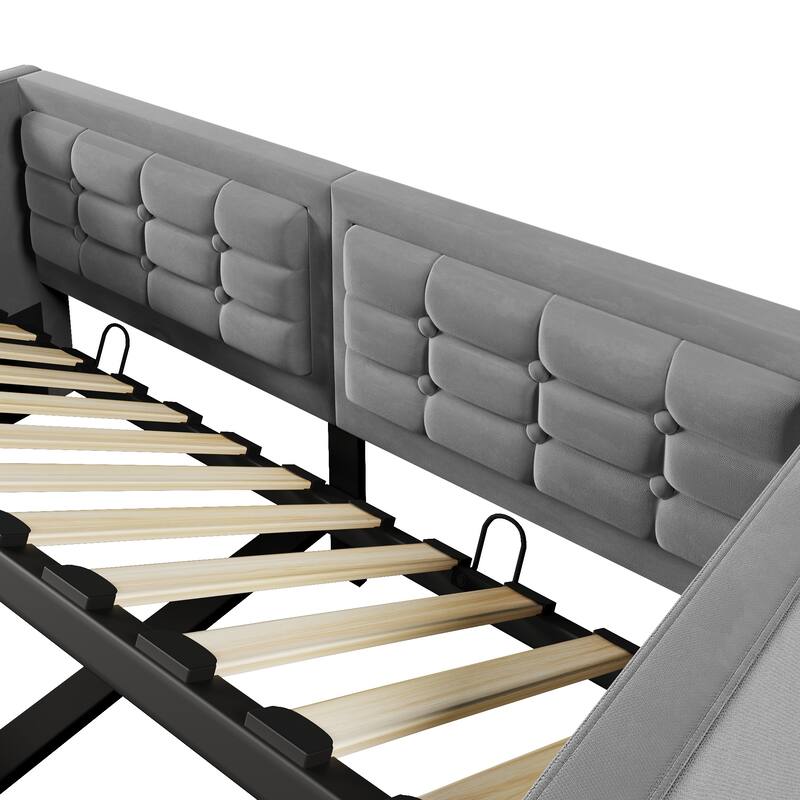 Velvet Tufted Upholstered Daybed Hydraulic Storage Twin Bed Frame with USB & Type-C Charging, Side Pockets and Wooden Slats