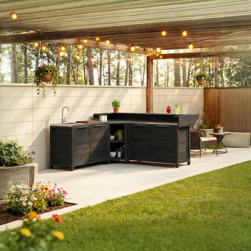 Outdoor BBQ Kitchen Cabinet Set, 100% Solid Wood Patio Kitchen Storage Stainless Steel Countertop