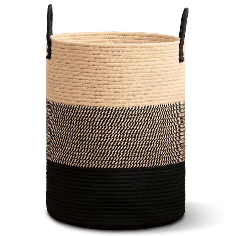 Cheer Collection Large Woven Cotton Laundry Hamper with Handles Stylish Storage Basket for Clothes Toys and Blankets - Black