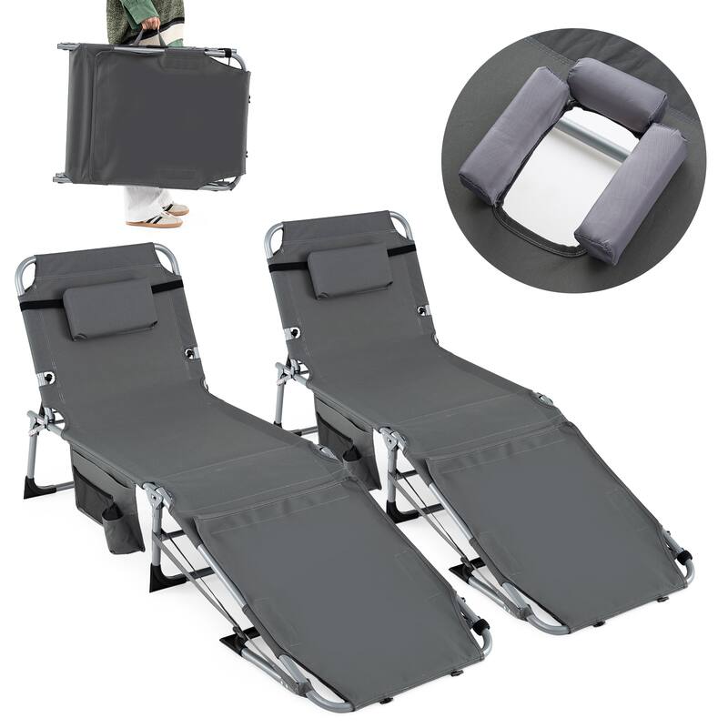Gymax 2PCS Tanning Chair w/Face Arm Holes 4-Level Backrest & Head - Grey