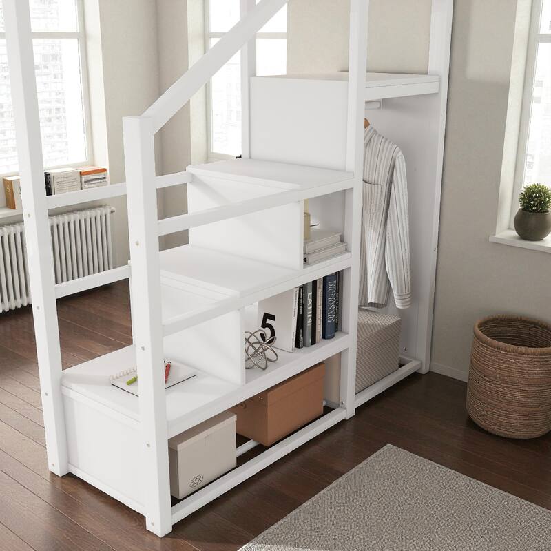 Full/Queen Size Metal Loft Bed with Desk, RGB Light, Charging Station, Shelves and Wardrobe, Stair Loft Bed for Teens