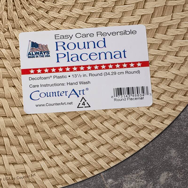 CounterArt Grey and Natural Basket Weave Design Round Reversible Easy Care Plastic Placemat Set of 4 Made in The USA