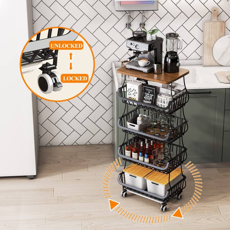 5 Tier Fruit Vegetable Basket for Kitchen with Wooden Tabletop, Storage Cart Vegetable Basket Bins for Onions and Potatoes