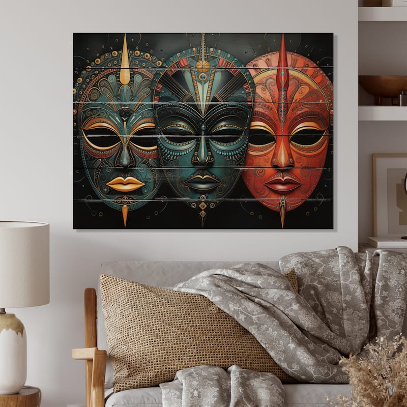 Designart "Red African Masks III" African Tribes Print on Natural Pine Wood