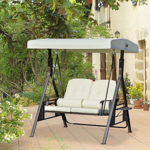 Outsunny 2-Person Patio Swing Chair Outdoor Canopy Swing with Adjustable Shade, Soft Cushions, Throw Pillows and Tray
