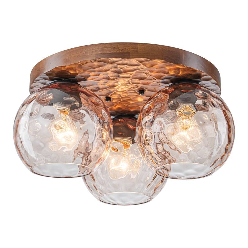 3-Light Rustic Wood Flush Mount Ceiling Light with Textured Amber Glass Shades - Dia.16.54-in