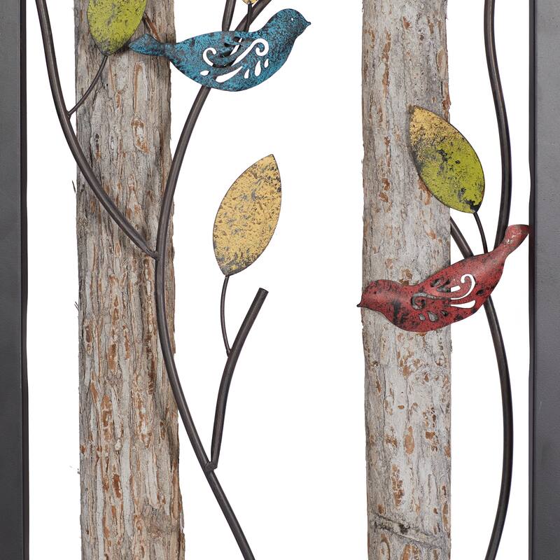 Black Metal Bird Wall Decor with Tree Branches and Colorful Leaves