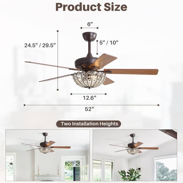 dimension image slide 0 of 3, Sofucor 52" Ceiling Fan with Light Remote, Classical Crystal Chandelier fan, 5 Reversible Blades & Reverse Airflow