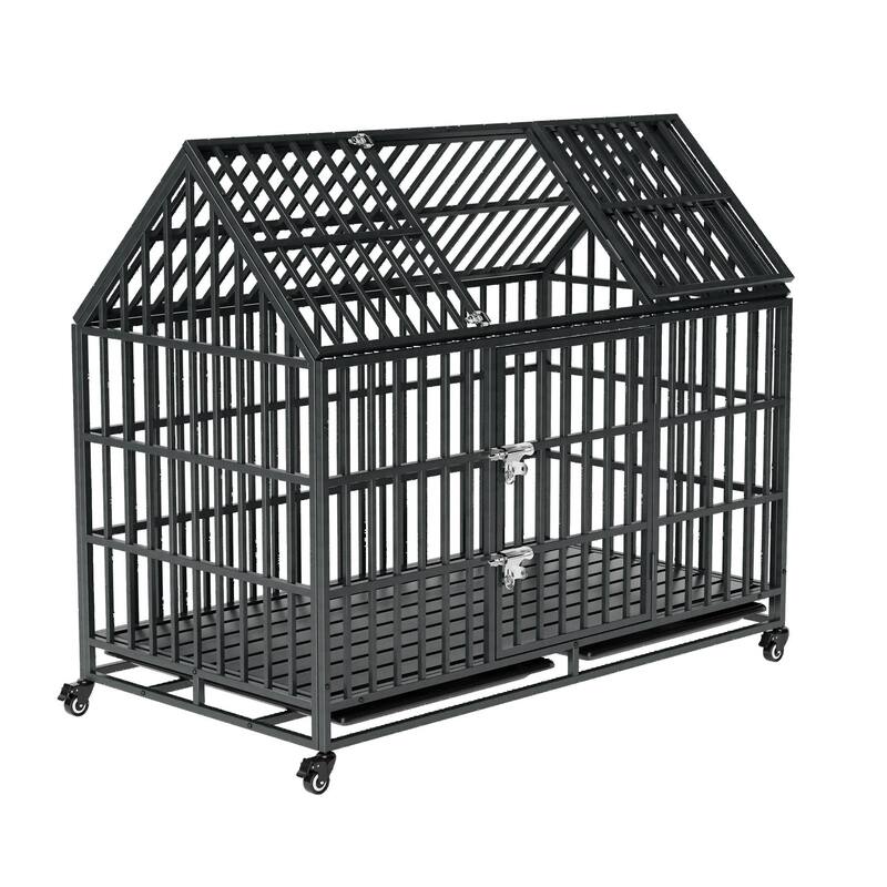 52'' Heavy Duty Dog Crate with Roof Top and Wheels Indestructible Escape-Proof Dog Kennel