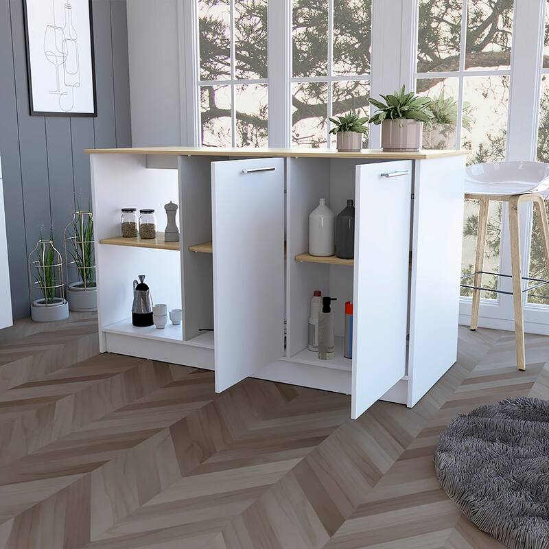 59" Kitchen Island with Large Countertop, Double-Door Cabinets, and Open Shelves, Ideal for Storage & Workspace
