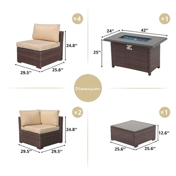 dimension image slide 7 of 9, Outdoor 8 Pieces Sectional Wicker Sofa Set with Fire Pit