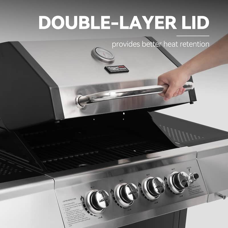 Royal Gourmet SG4003B 4-Burner BBQ Propane Gas Grill with Stainless Steel Upper Lid, Black & Silver
