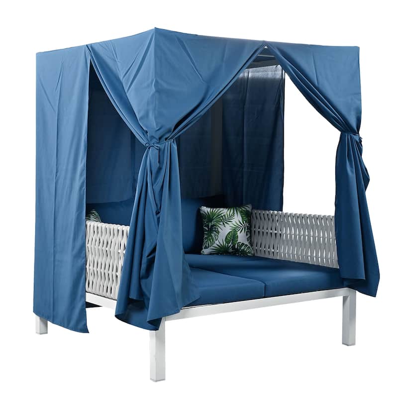 Outdoor Rattan Canopy Daybed Sunbed with Curtain & Woven Rope Arm