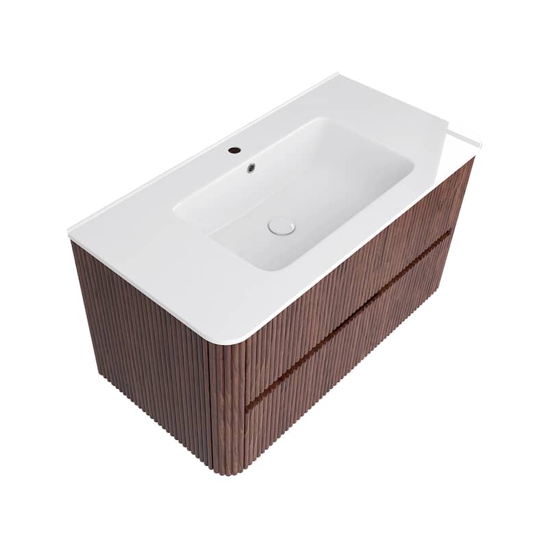 Wall-Mounted Bathroom Vanity in Walnut with Integrated White Ceramic Sink