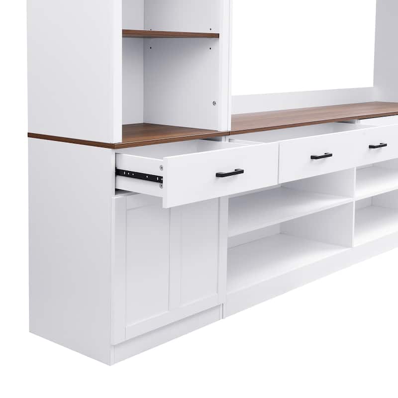 Roomfitters Mid-Century 4-Piece Entertainment Wall Unit with Bookshelves, TV Stand for TVs up to 70" withShelves and Wine Rack
