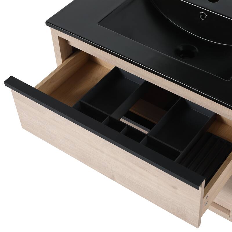 Wall-Mounted Plywood Bathroom Vanity Set in Plain Light Oak with Integrated Sink