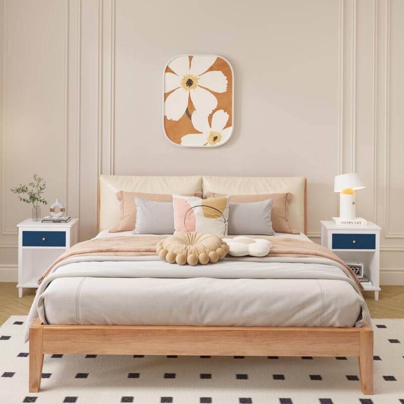 26.77" H Wooden Nightstand with One Drawer One Shelf for Kids, Adults, Navy+Golden handle