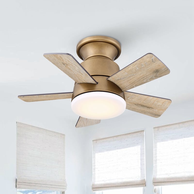 24" Aged Brass Wooden Small Dimmable Hugger Ceiling Fan with Light